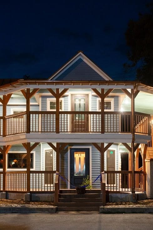WhiskyWoods building lit up at night